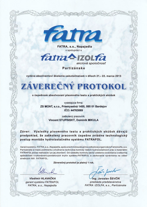 Certifikáty ZS MONT