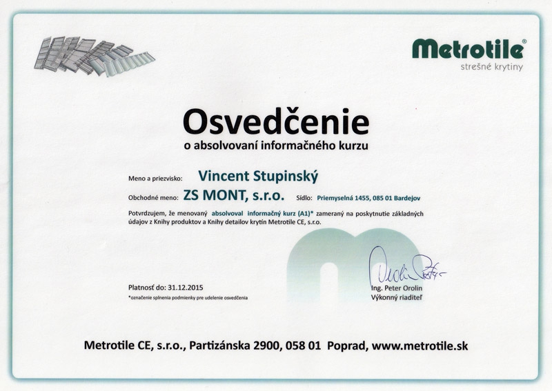 Certifikáty ZS MONT